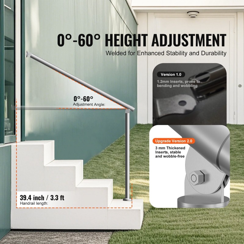 Ulkokaide ruostumattomasta teräksestä 100 cm portaisiin seinään ja lattiaan asennettava