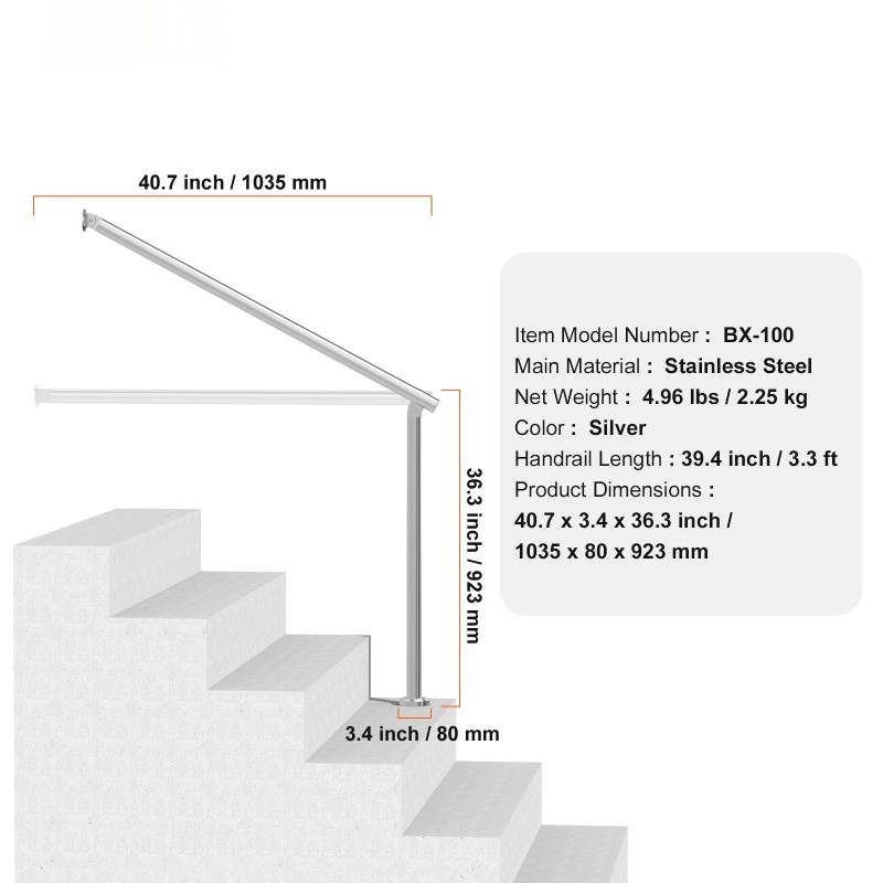 Ulkokaide ruostumattomasta teräksestä 100 cm portaisiin seinään ja lattiaan asennettava