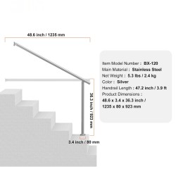 Käsijohde ulkoportaisiin ruostumatonta terästä 120 cm säädettävä kulma 0–60 astetta asennussarja mukana