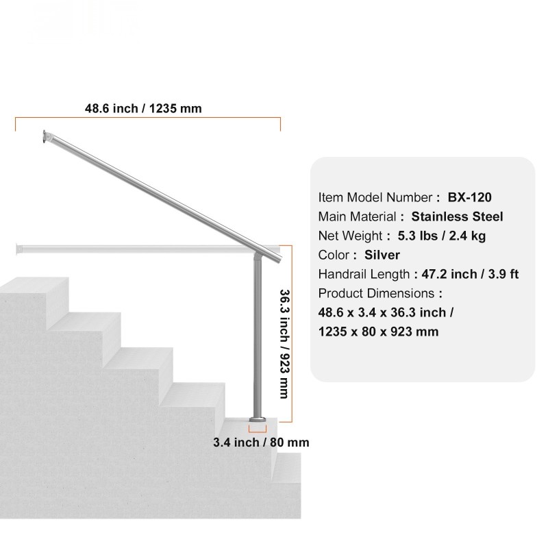 Käsijohde ulkoportaisiin ruostumatonta terästä 120 cm säädettävä kulma 0–60 astetta asennussarja mukana