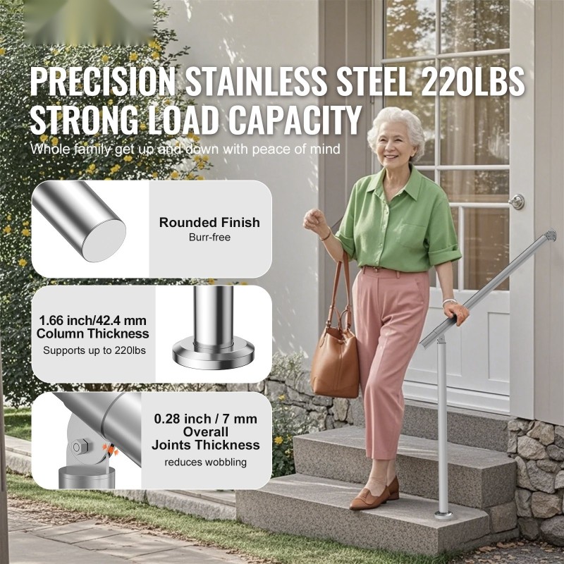 Kaide ulkoportaisiin ruostumattomasta teräksestä kahdeksankymmentä senttimetriä seinään ja lattiaan kiinnitettävä