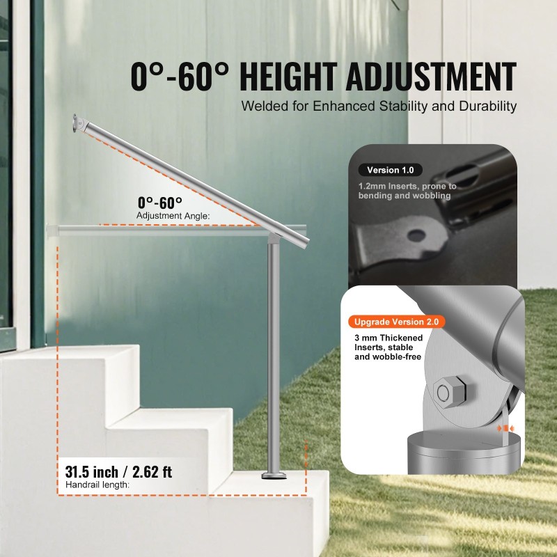 Kaide ulkoportaisiin ruostumattomasta teräksestä kahdeksankymmentä senttimetriä seinään ja lattiaan kiinnitettävä