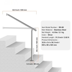 Kaide ulkoportaisiin ruostumattomasta teräksestä kahdeksankymmentä senttimetriä seinään ja lattiaan kiinnitettävä