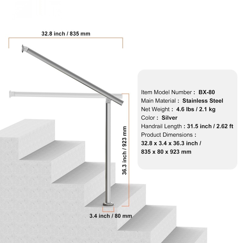 Kaide ulkoportaisiin ruostumattomasta teräksestä kahdeksankymmentä senttimetriä seinään ja lattiaan kiinnitettävä