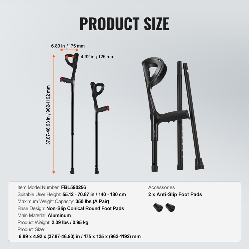 Kyynärsauvat aikuisille alumiinirunko taittuvat kymmenportainen korkeussäätö sopii 140–180 senttimetriä käyttäjille pari