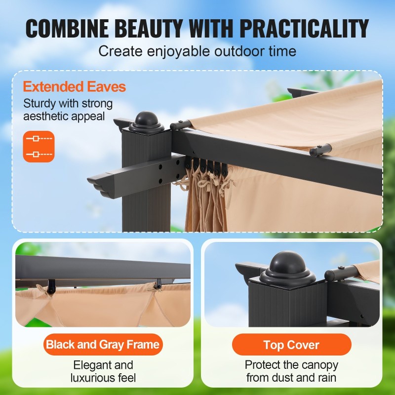 Pergola vedettävällä katoksella alumiinirunkoinen UV-suojattu 2,96 x 3,95 m