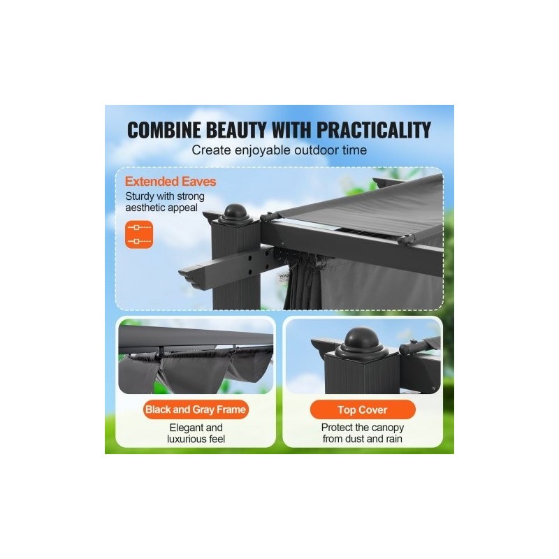 Alumiini- ja rautarunkoinen pergola 2,96 x 3,95 m liukuva katos UV50+-suojalla