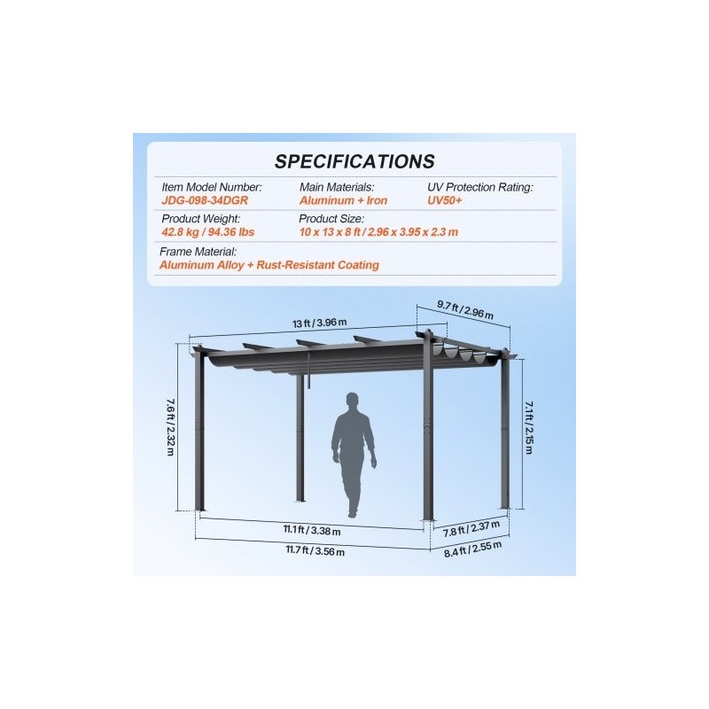Alumiini- ja rautarunkoinen pergola 2,96 x 3,95 m liukuva katos UV50+-suojalla