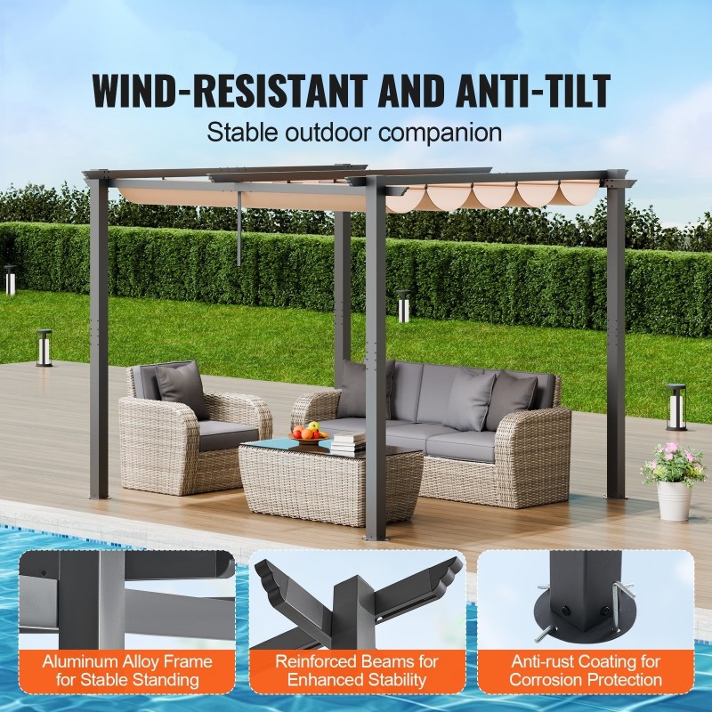 Alumiininen pergola 3 x 3 m vedettävällä beige katoksella UV50+