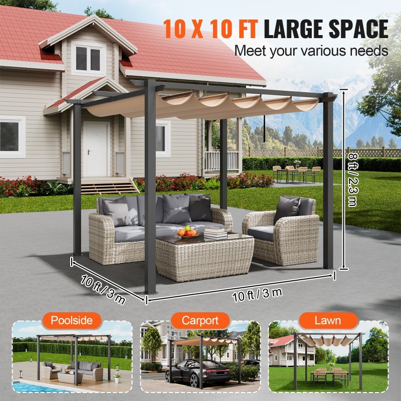 Alumiininen pergola 3 x 3 m vedettävällä beige katoksella UV50+