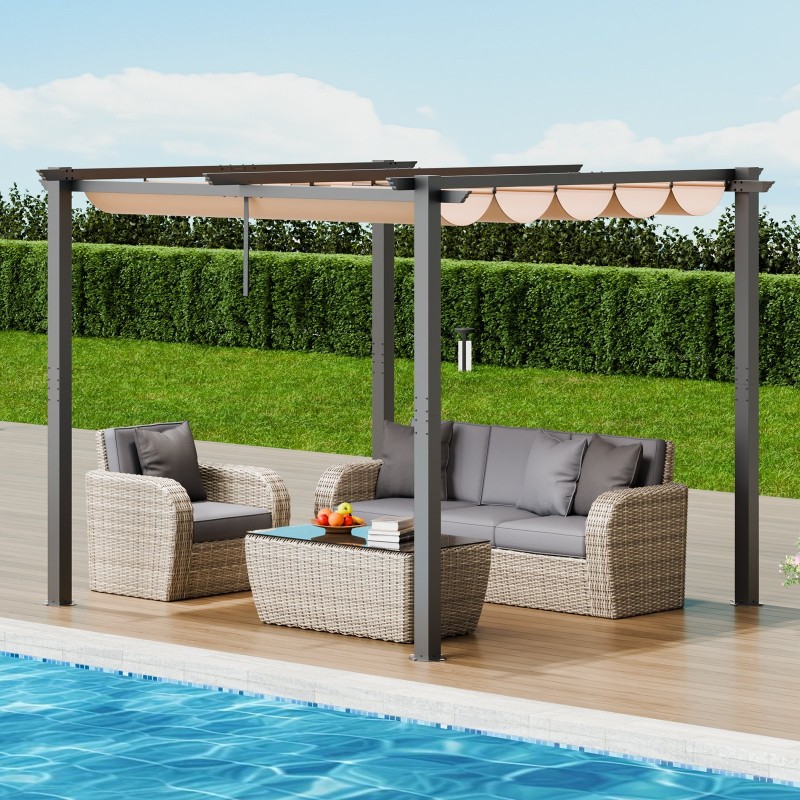 Alumiininen pergola 3 x 3 m vedettävällä beige katoksella UV50+