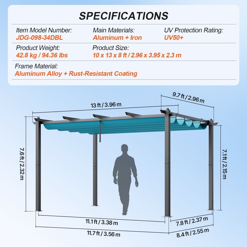 Säädettävä alumiini- ja rautarunkoinen pergola 2,96 x 3,95 m UV50-suojalla