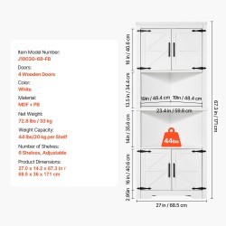 Kulmakaappi 171 cm korkea MDF PB 6 säädettävää hyllyä 4 puuovea valkoinen