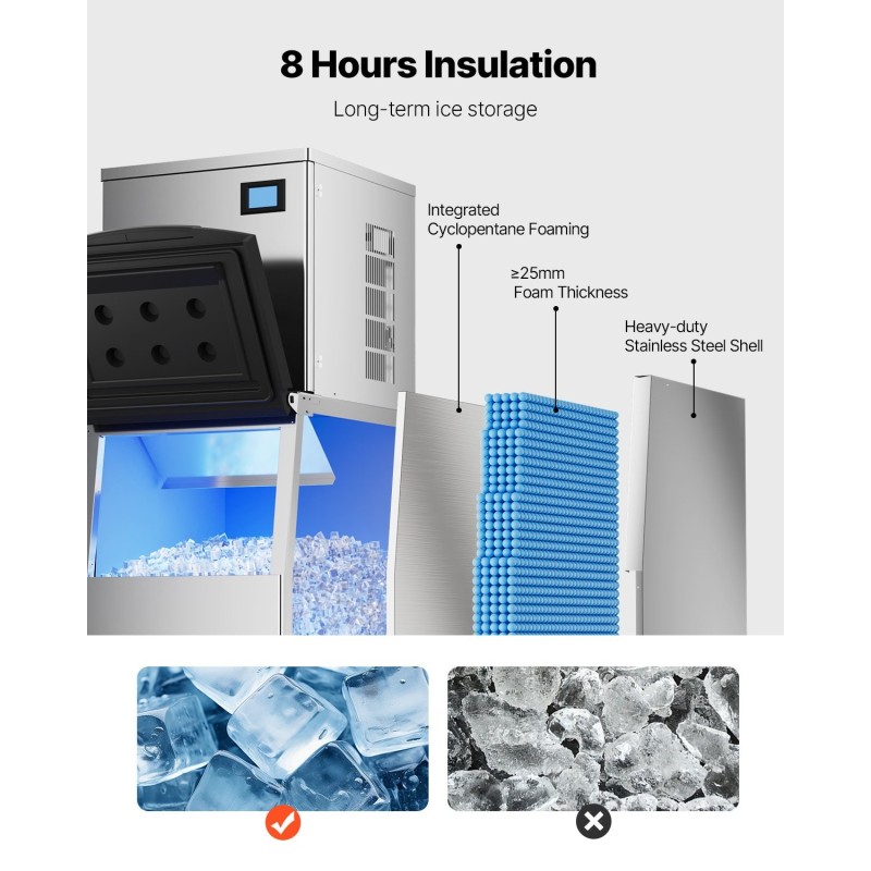 Kaupallinen jääpalakone 550 paunaa vuorokaudessa 250 paunan säiliöllä 3,5 tuuman kosketusnäytöllä