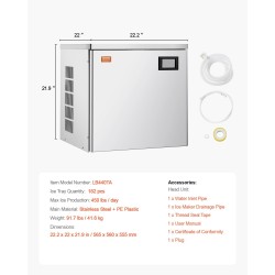 Jääpalakoneen pääyksikkö ruostumatonta terästä noin 204 kilogrammaa vuorokaudessa 22 tuumaa modulaarinen ammattikäyttöön
