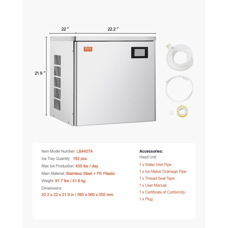 Jääpalakoneen pääyksikkö ruostumatonta terästä noin 204 kilogrammaa vuorokaudessa 22 tuumaa modulaarinen ammattikäyttöön