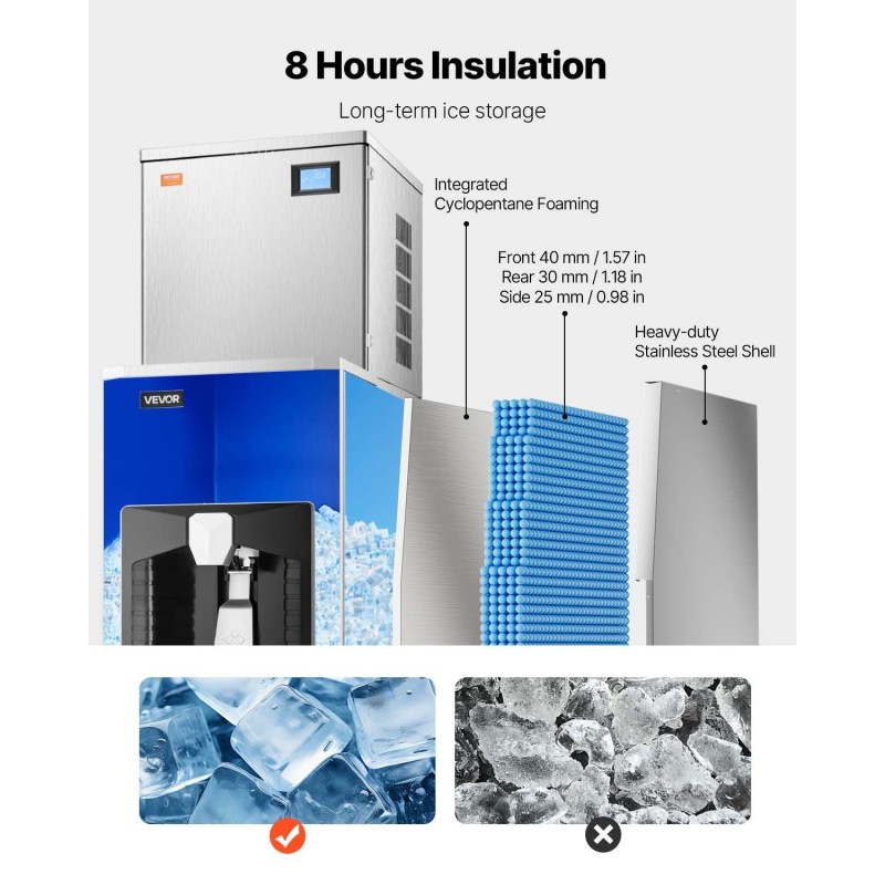 Kaupallinen jääpalakone 163 kg vuorokaudessa 80 kg säiliö kosketusnäytöllä itsepuhdistuksella
