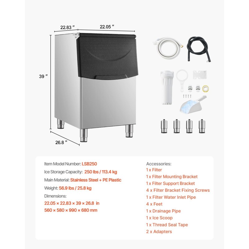 Jään säilytyssäiliö 113,4 kg ruostumatonta terästä ja PE-muovia vedensuodattimella säädettävillä kumijaloilla