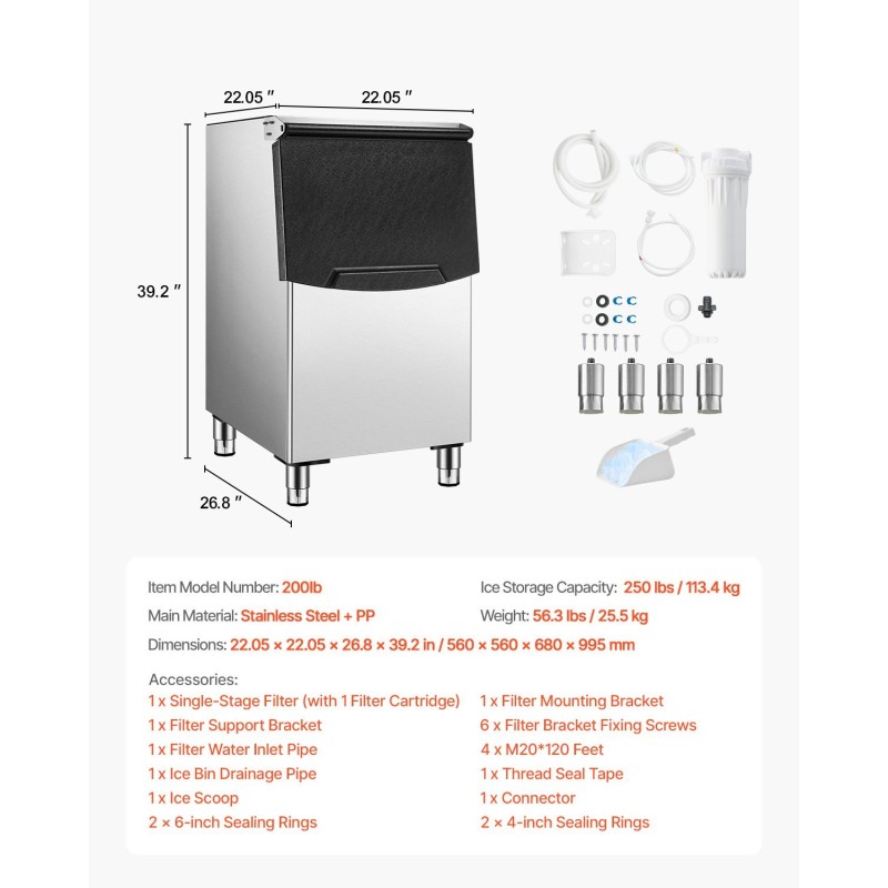Jääsäiliö 113,4 kg ruostumaton teräs PP sisärakenne yksivaiheinen vedensuodatin säädettävät liukuestekumijalat