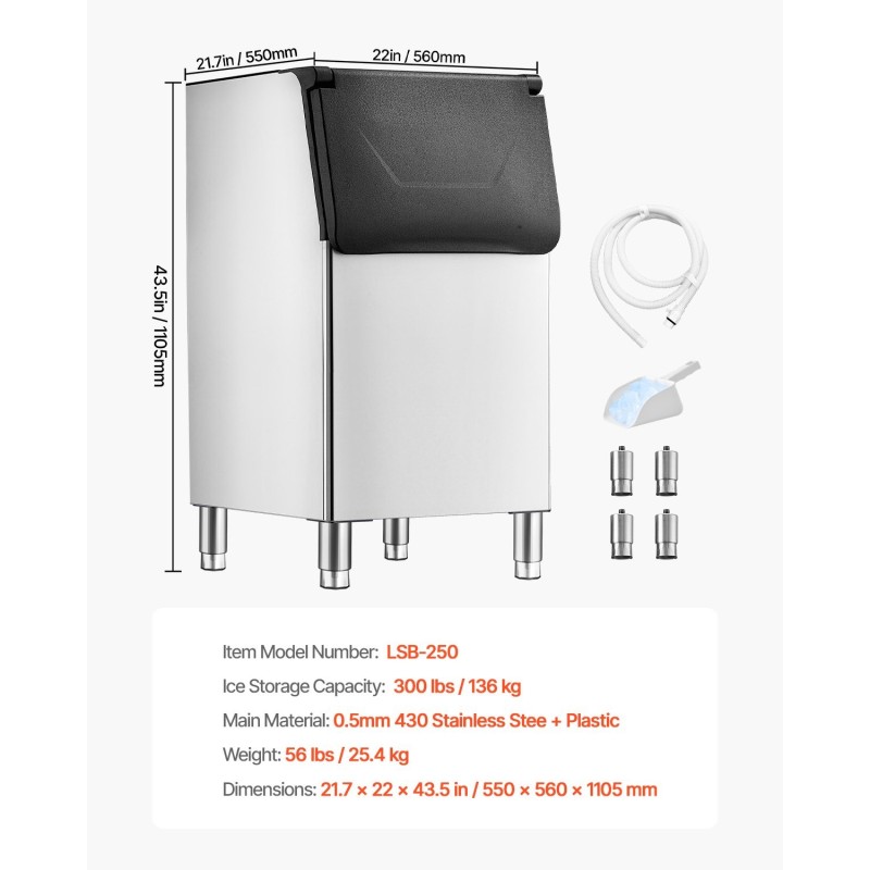 Kaupallinen jäävarastosäiliö 136 kg sinkitty teräs ja muovi säädettävillä liukumattomilla kumijaloilla ammattikäyttöön