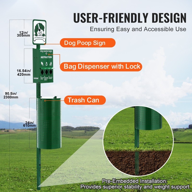 Koiranjäteasema galvanoidusta teräksestä 43 litraa maahan asennettava vihreä 600 jätepussia 50 suojapussia