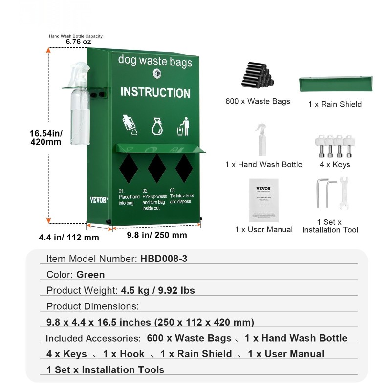 Koirankakkapussien annostelija sinkitty teräs 600 pussia lukittava käsienpesupullolla ulkokäyttöön