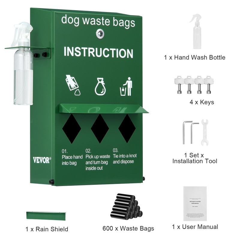 Koirankakkapussien annostelija sinkitty teräs 600 pussia lukittava käsienpesupullolla ulkokäyttöön