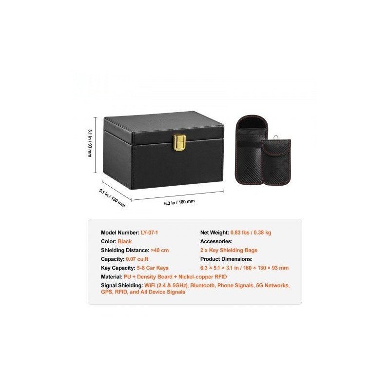 Signaalinsuojauslaatikko PU-nahka musta 160x130x93 mm 5–8 autonavainta avaimille ja puhelimille
