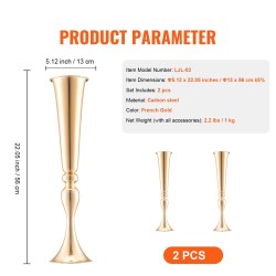 Metallinen maljakko hiiliteräs 56 cm 2 kpl ranskalainen kulta pöytäkoriste häihin