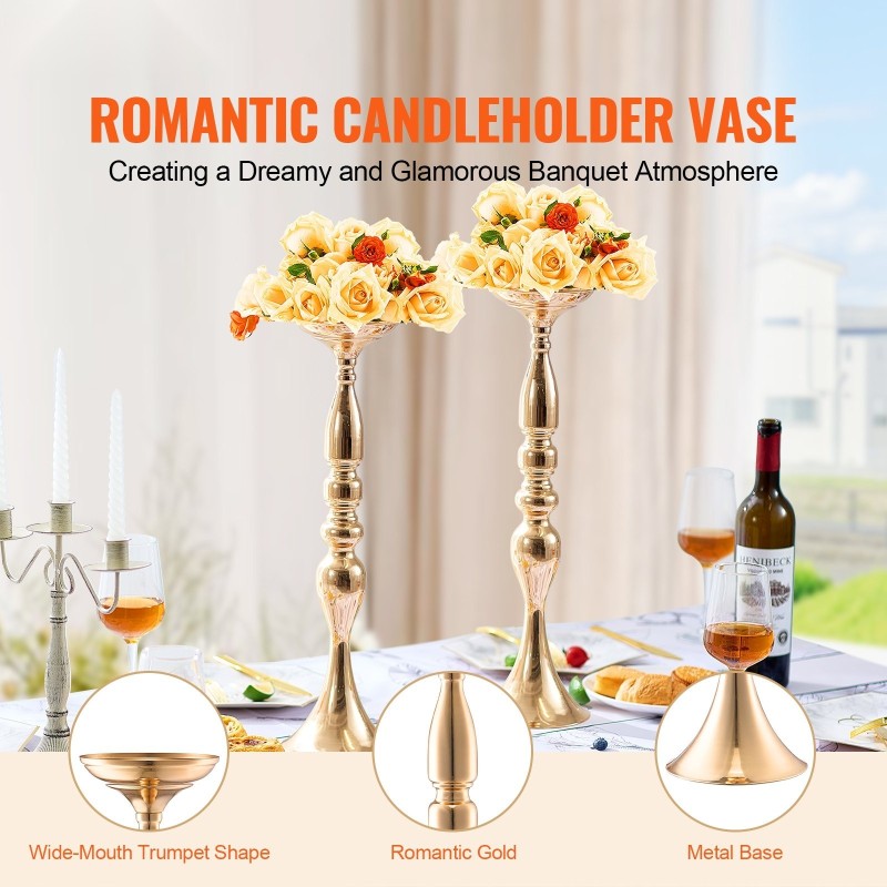 Hiiliteräksinen juhlamaljakko 50 cm 24 kappaletta ranskalaiskultainen pöytäkeskiö