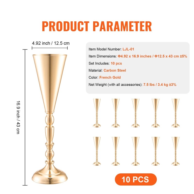Maljakkoteline hiiliteräksinen 43 cm 10 kpl ranskalainen kulta hääjuhliin