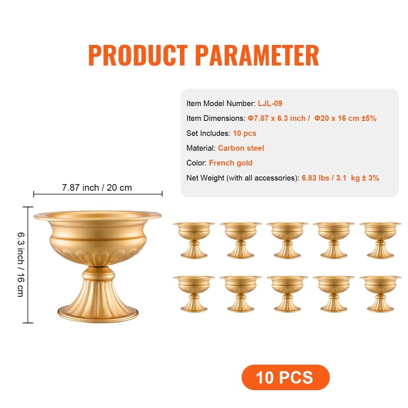 Hiiliteräksiset maljakkotelineet 16 cm 10 kpl ranskalainen kullanväri juhlapöydän keskipiste