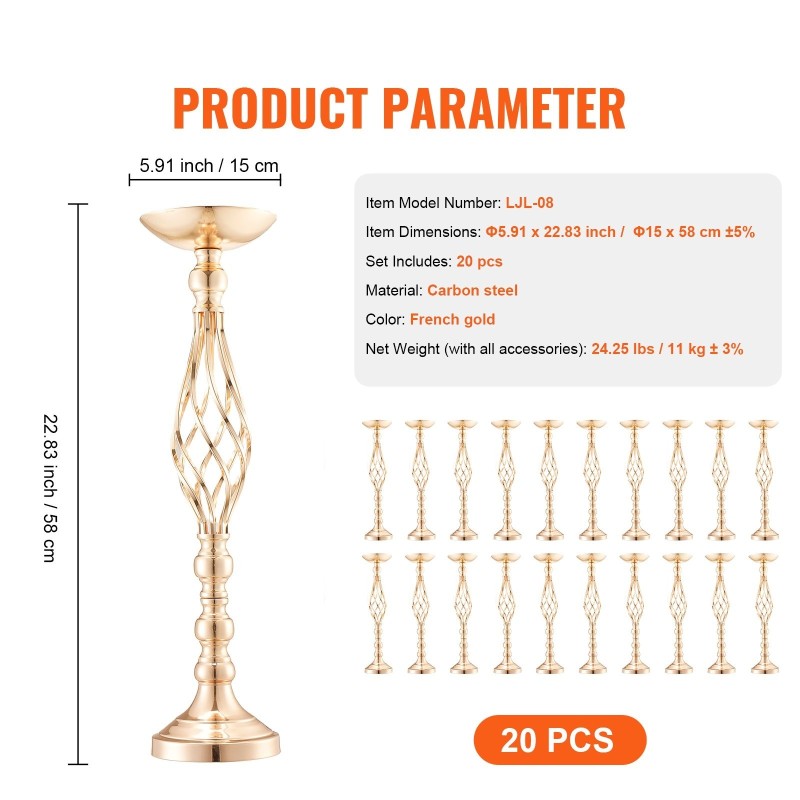 Hiiliteräksinen juhlamaljakko 58 cm 20 kpl kultainen pöytäkoriste