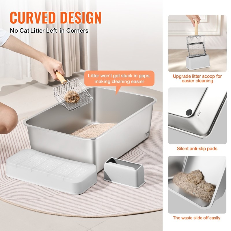 Kissanhiekkalaatikko ruostumatonta terästä syvä kolmen kappaleen setti suurikokoisille metallisella lapiolla suodattavalla