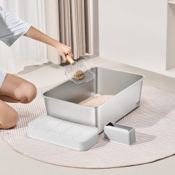 Kissanhiekkalaatikko ruostumatonta terästä syvä kolmen kappaleen setti suurikokoisille metallisella lapiolla suodattavalla