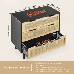 Rottinkilipasto luonnonrottinki MDF-runko 3 laatikkoa musta 800x760x400 mm