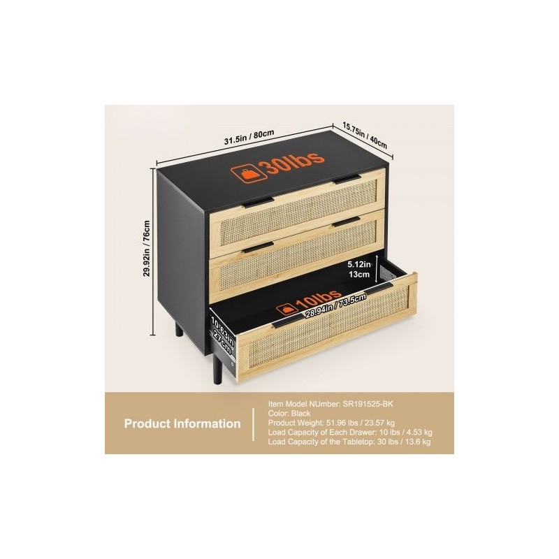 Rottinkilipasto luonnonrottinki MDF-runko 3 laatikkoa musta 800x760x400 mm