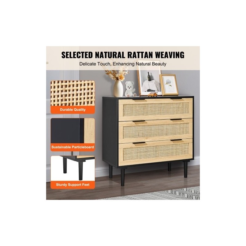 Rottinkilipasto luonnonrottinki MDF-runko 3 laatikkoa musta 800x760x400 mm