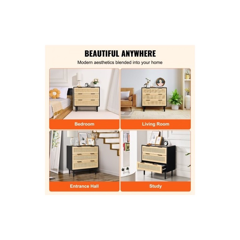 Rottinkilipasto luonnonrottinki MDF-runko 3 laatikkoa musta 800x760x400 mm