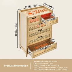 Rottinkilipasto MDF runko viisi laatikkoa luonnollinen rottinki puunsävy metallikiskoilla ja tukevat jalat