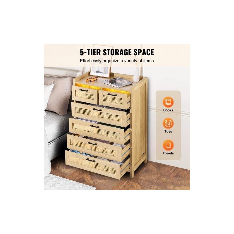 Rottinkilipasto MDF runko viisi laatikkoa luonnollinen rottinki puunsävy metallikiskoilla ja tukevat jalat