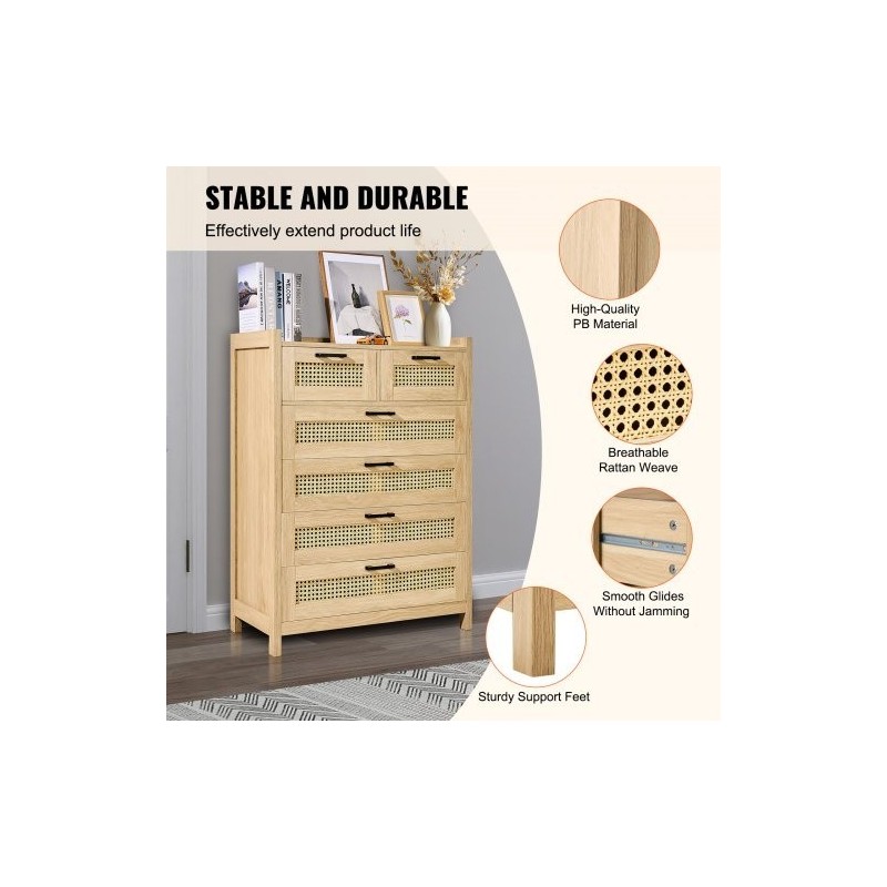 Rottinkilipasto MDF runko viisi laatikkoa luonnollinen rottinki puunsävy metallikiskoilla ja tukevat jalat