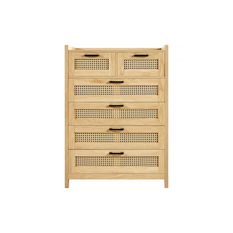 Rottinkilipasto MDF runko viisi laatikkoa luonnollinen rottinki puunsävy metallikiskoilla ja tukevat jalat