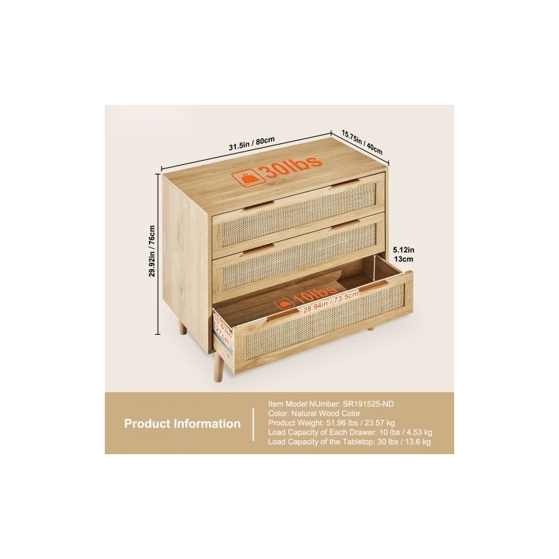 Rottinkilipasto 3 laatikkoa MDF runko luonnollinen puunsävy tukevat jalat