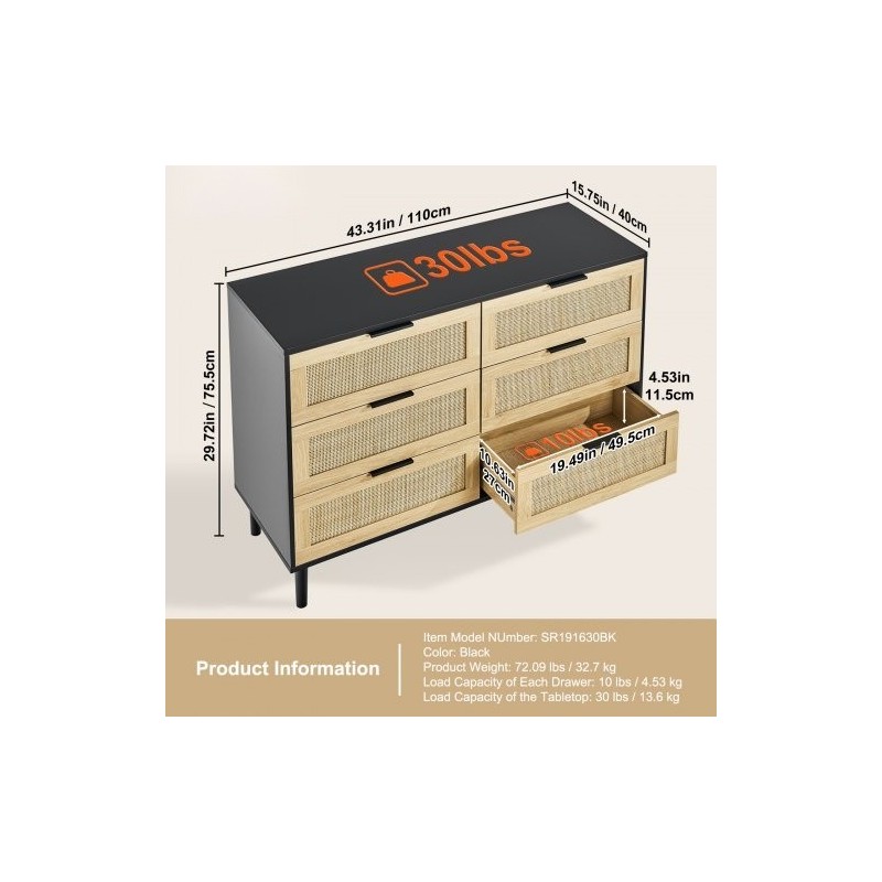 Rottinkilipasto 6 laatikkoa MDF-runko luonnollinen rottinkipunos makuuhuoneeseen