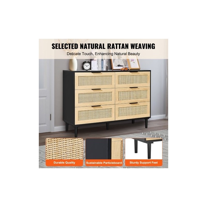 Rottinkilipasto 6 laatikkoa MDF-runko luonnollinen rottinkipunos makuuhuoneeseen