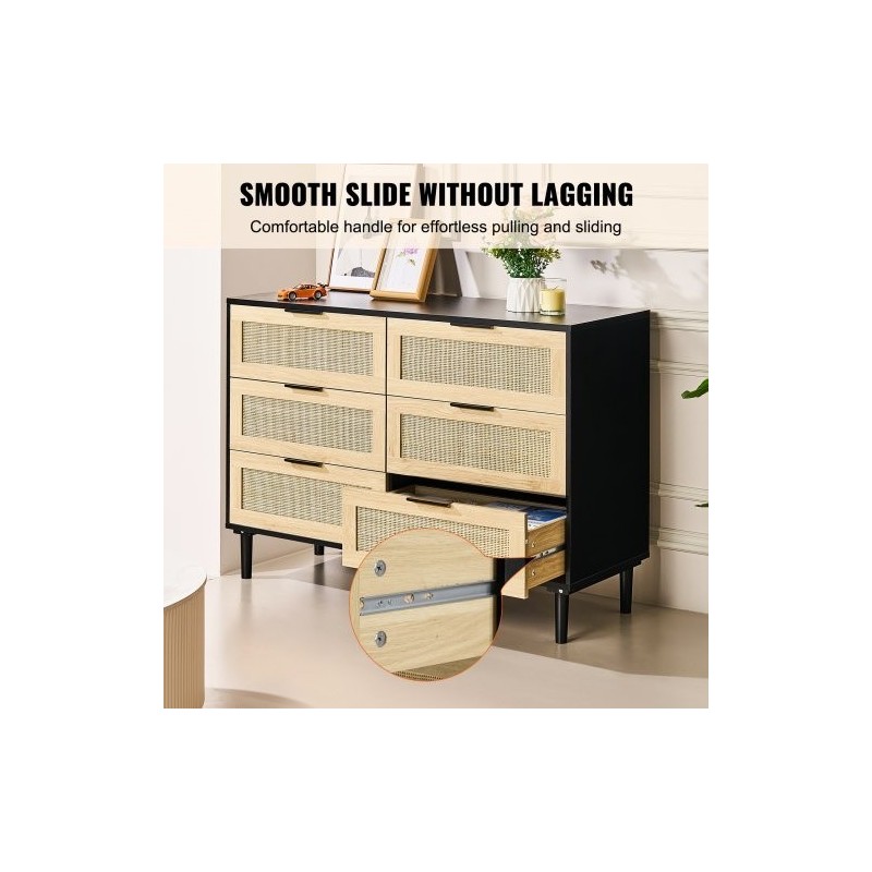 Rottinkilipasto 6 laatikkoa MDF-runko luonnollinen rottinkipunos makuuhuoneeseen