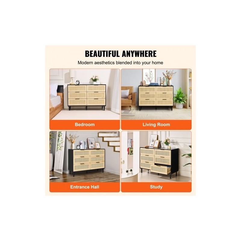 Rottinkilipasto 6 laatikkoa MDF-runko luonnollinen rottinkipunos makuuhuoneeseen