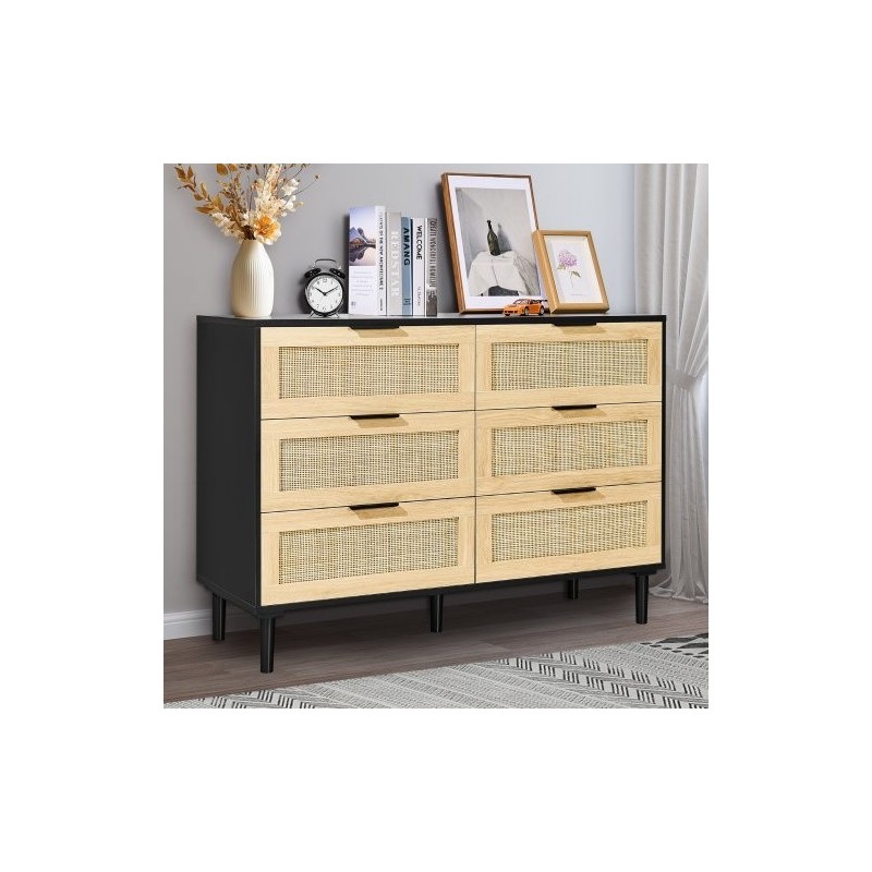 Rottinkilipasto 6 laatikkoa MDF-runko luonnollinen rottinkipunos makuuhuoneeseen