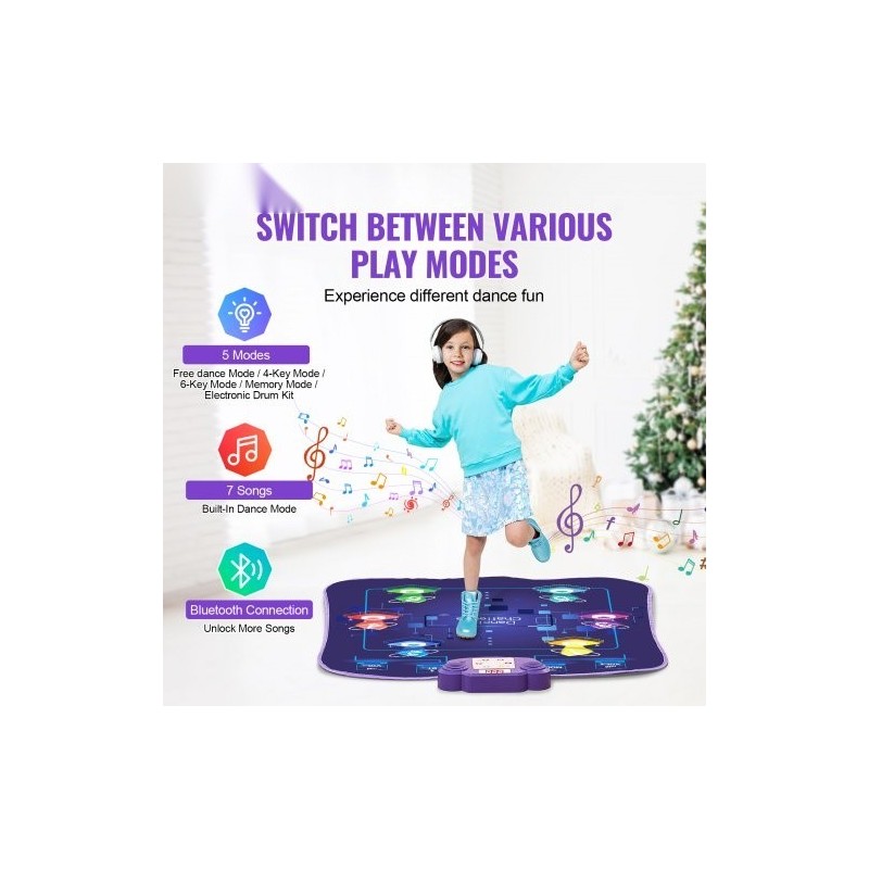 Elektroninen tanssimatto kuudella tanssipaikalla 5 pelitilaa LED-valot langaton musiikkiyhteys taitettava paristokäyttöinen